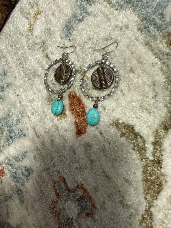 Handmade Mixed Metal Hoop Dangle Earrings with Turquoise Teardrops and Copper Sp - Picture 5 of 5